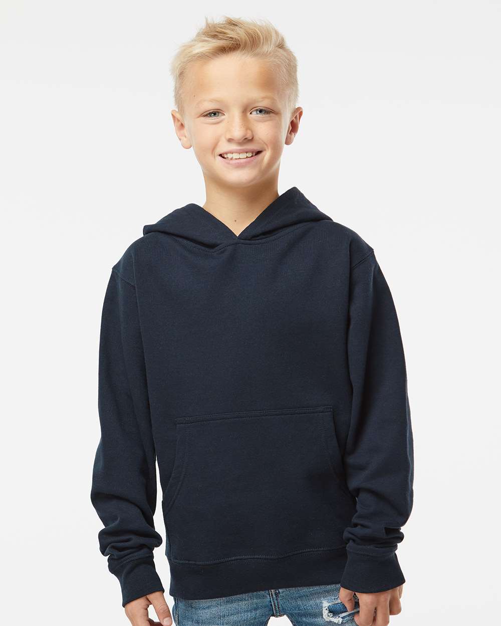 Youth Midweight Hooded Sweatshirt - OnModelFront - B32076653 - Classic Navy