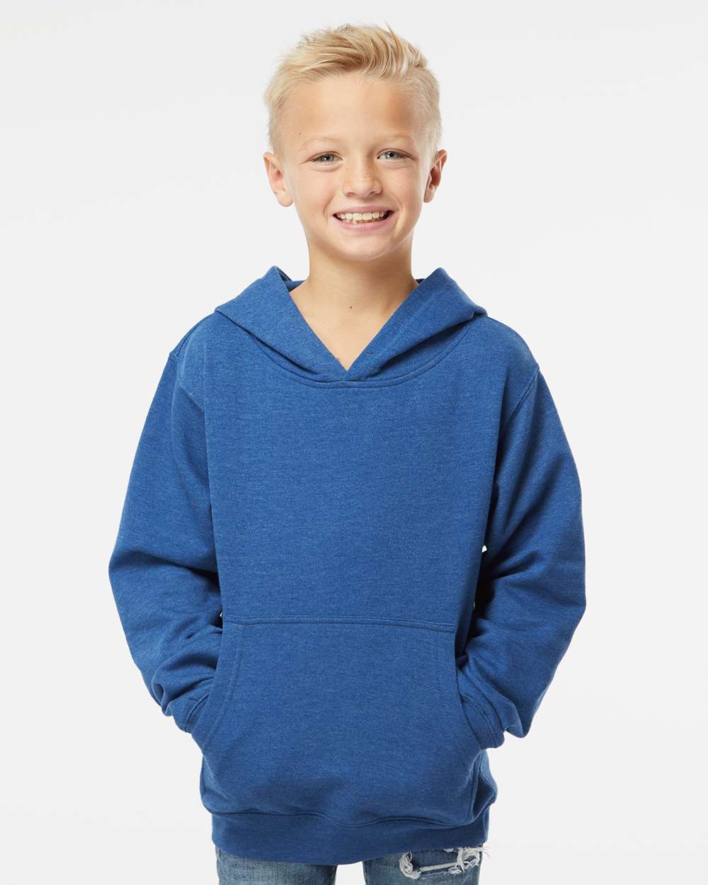 Youth Midweight Hooded Sweatshirt - OnModelFront - B32076763 - Royal Heather