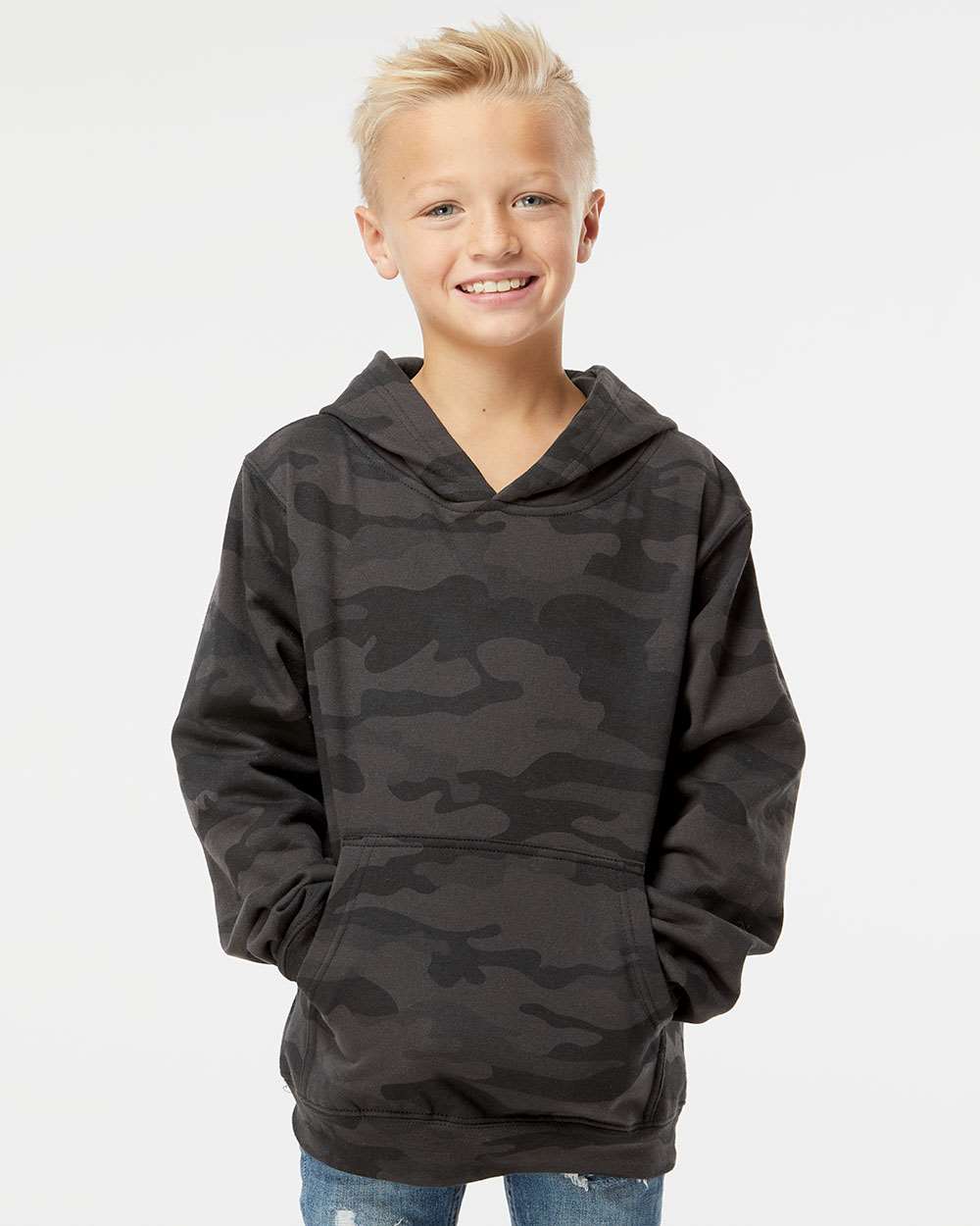 Youth Midweight Hooded Sweatshirt - OnModelFront - B32076973 - Black Camo
