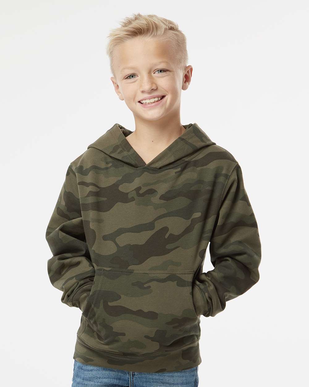 Youth Midweight Hooded Sweatshirt - OnModelFront - B32076983 - Forest Camo