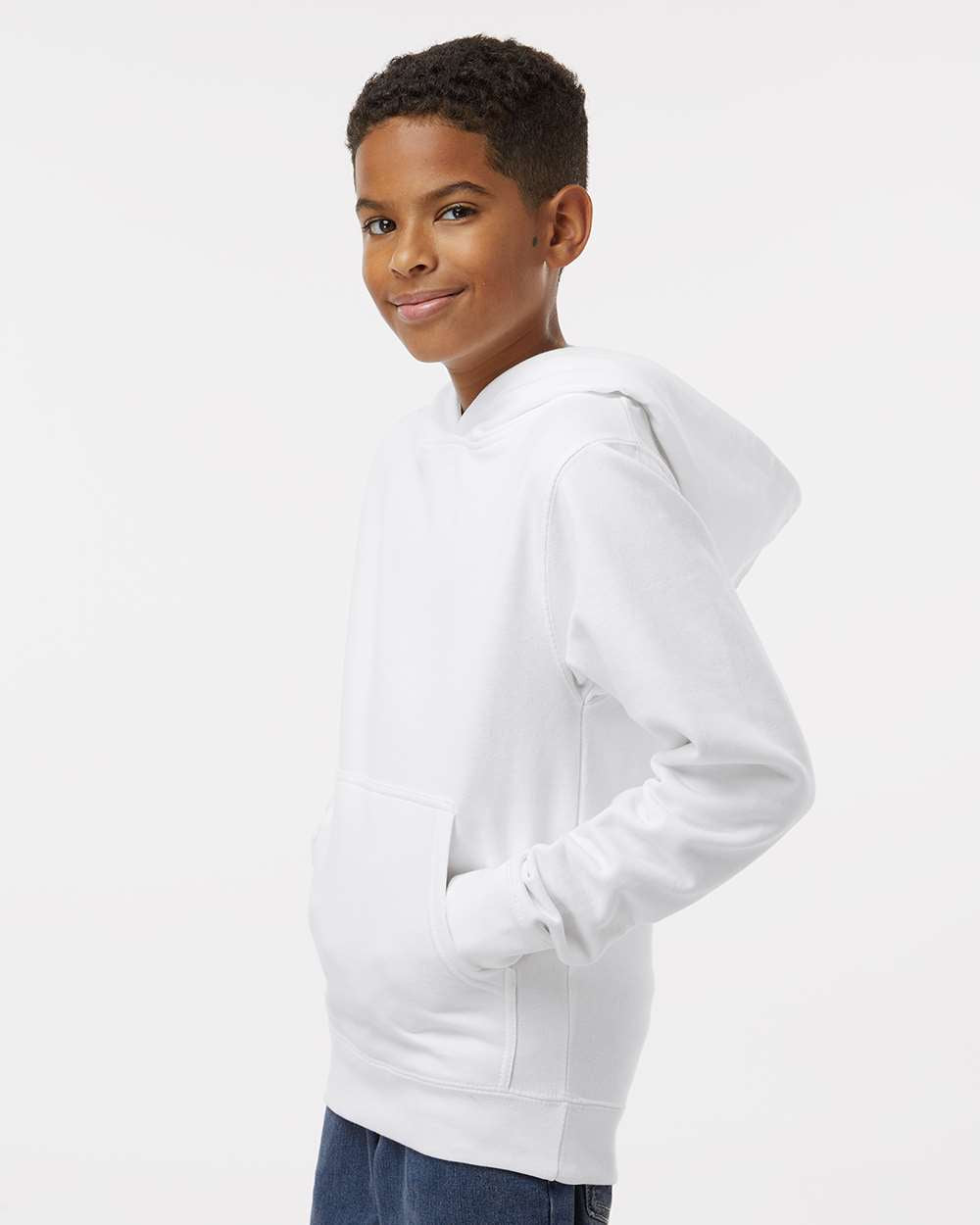 Youth Midweight Hooded Sweatshirt - OnModelSide - B32076003 - White