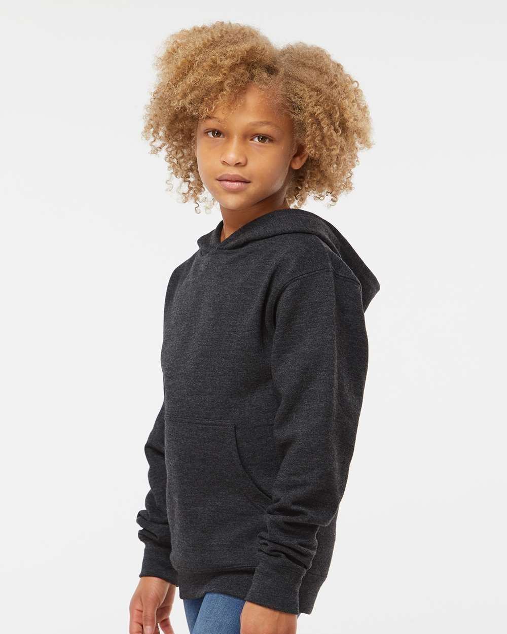 Youth Midweight Hooded Sweatshirt - OnModelSide - B32076093 - Charcoal Heather
