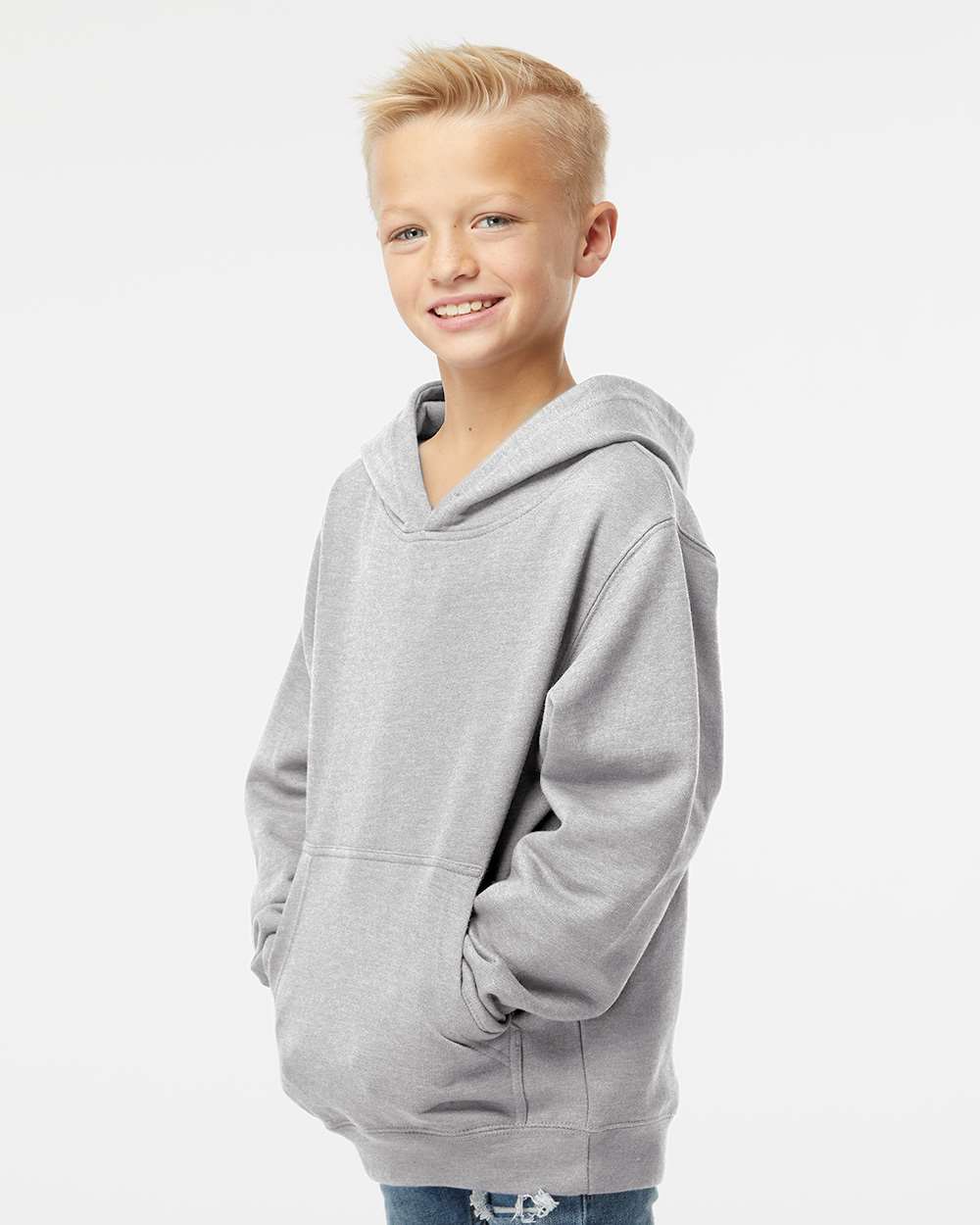 Youth Midweight Hooded Sweatshirt - OnModelSide - B32076353 - Grey Heather