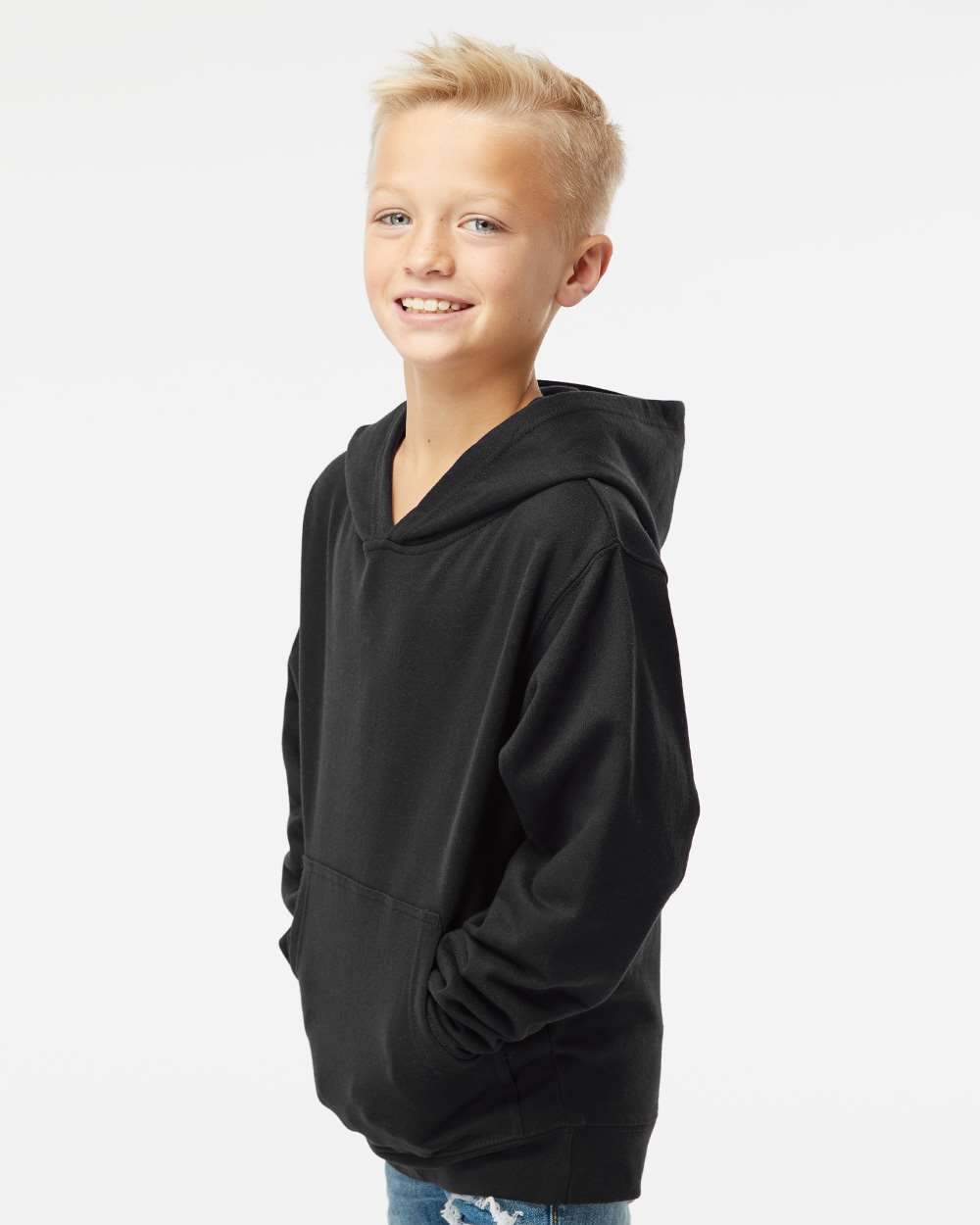Youth Midweight Hooded Sweatshirt - OnModelSide - B32076503 - Black