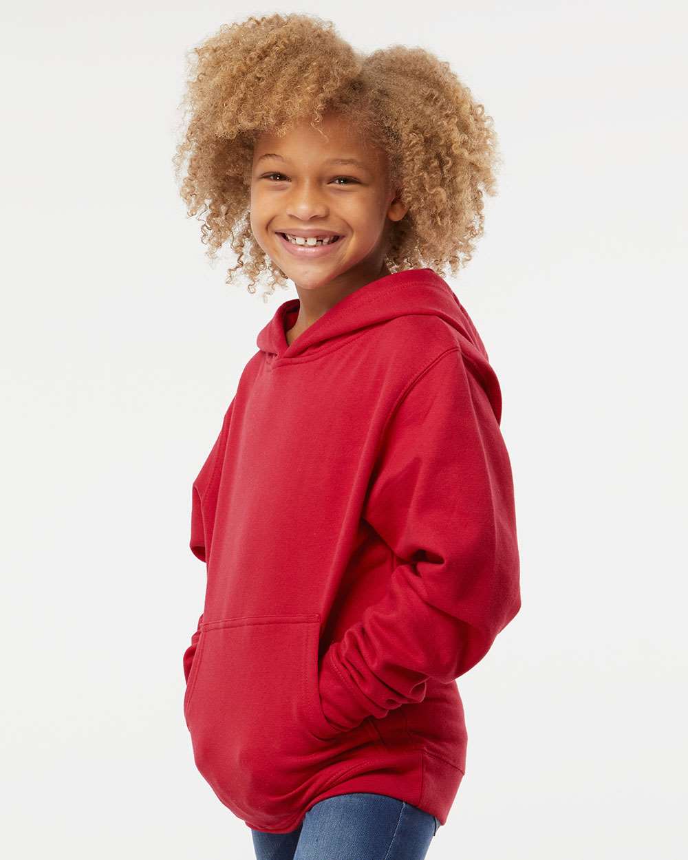 Youth Midweight Hooded Sweatshirt - OnModelSide - B32076703 - Red