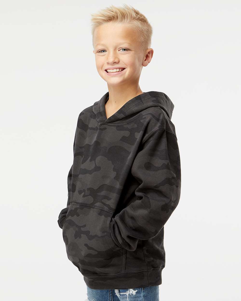 Youth Midweight Hooded Sweatshirt - OnModelSide - B32076973 - Black Camo