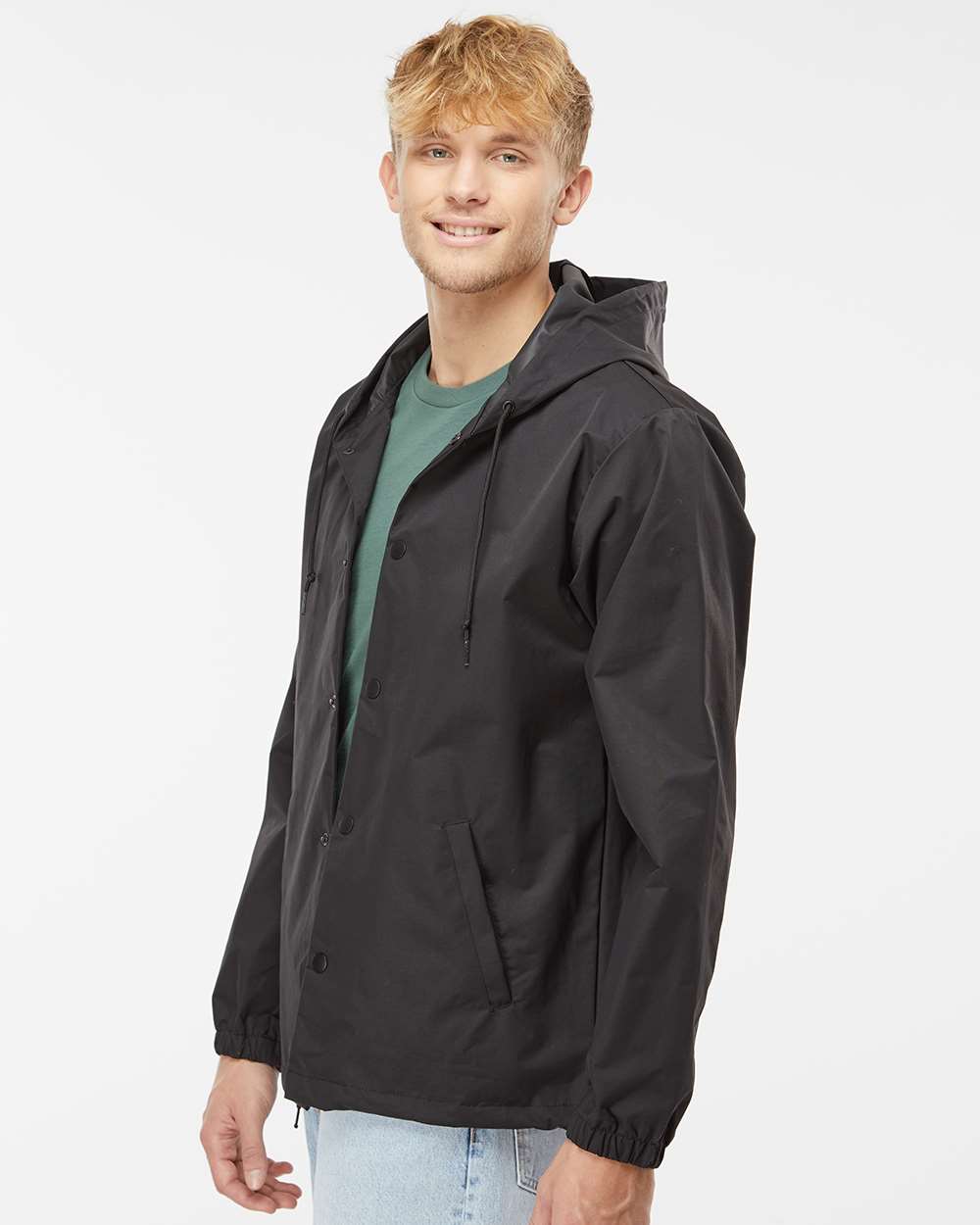 Men's Water-Resistant Hooded Windbreaker - OnModelSide - B50876512 - Black/ Black