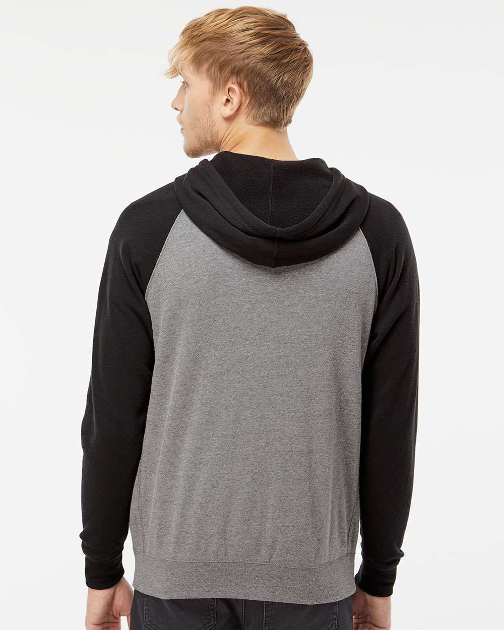 Unisex Special Blend Raglan Full-Zip Hooded Sweatshirt - OnModelBack - B81476512 - Nickel Heather/ Black