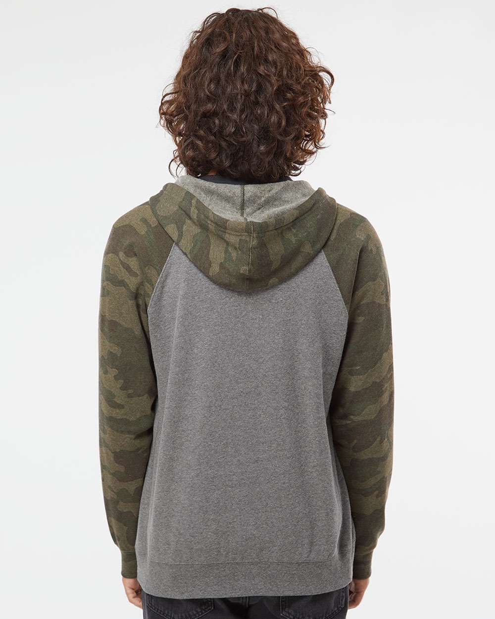 Unisex Special Blend Raglan Full-Zip Hooded Sweatshirt - OnModelBack - B81476982 - Nickel Heather/ Forest Camo