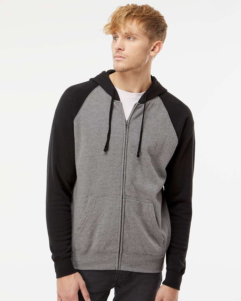 Unisex Special Blend Raglan Full-Zip Hooded Sweatshirt - OnModelFront - B81476512 - Nickel Heather/ Black
