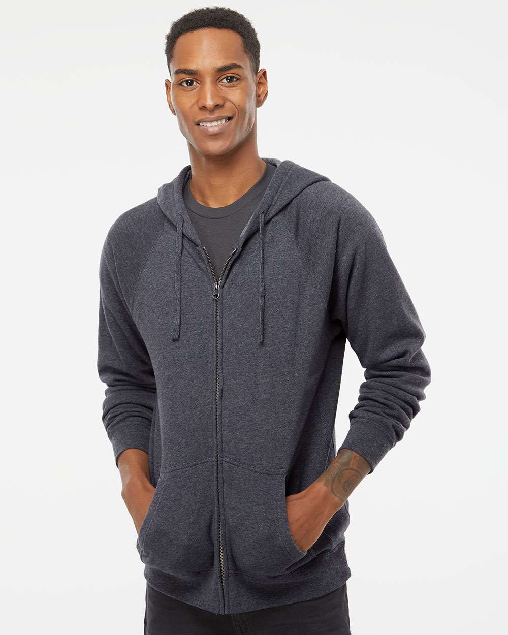 Unisex Special Blend Raglan Full-Zip Hooded Sweatshirt - OnModelFront - B81476862 - Midnight Navy