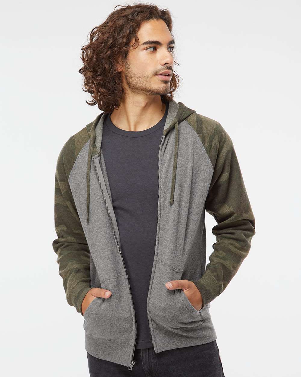 Unisex Special Blend Raglan Full-Zip Hooded Sweatshirt - OnModelFront - B81476982 - Nickel Heather/ Forest Camo
