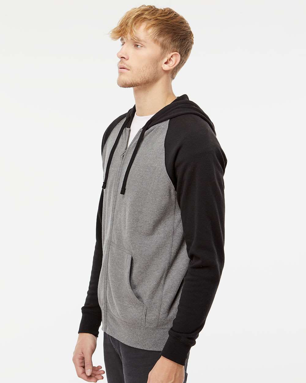 Unisex Special Blend Raglan Full-Zip Hooded Sweatshirt - OnModelSide - B81476512 - Nickel Heather/ Black