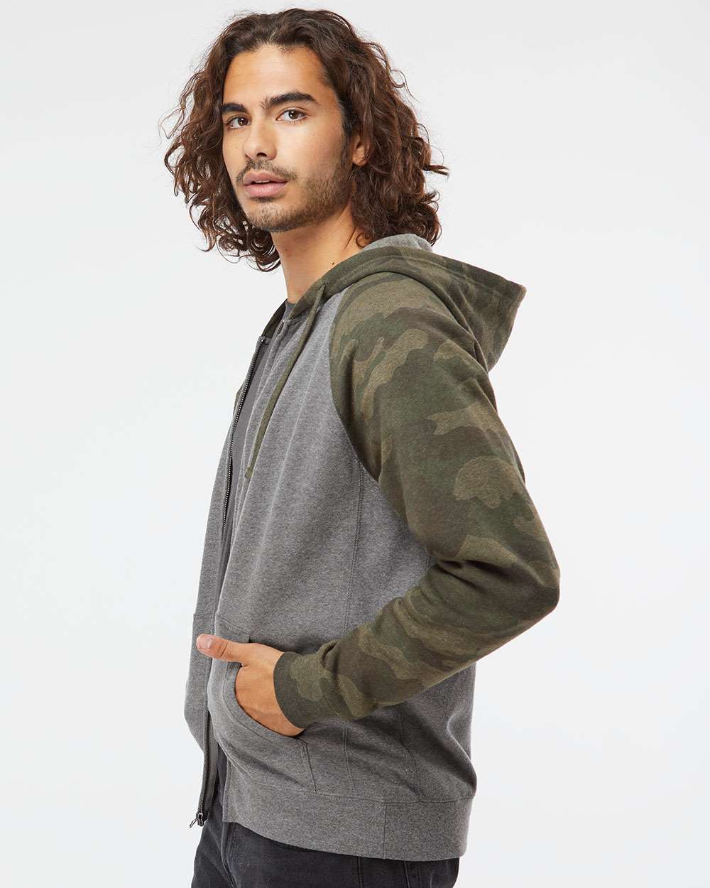 Unisex Special Blend Raglan Full-Zip Hooded Sweatshirt - OnModelSide - B81476982 - Nickel Heather/ Forest Camo