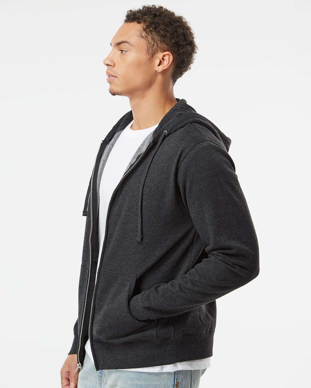 Men's Full-Zip Hooded Sweatshirt - OnModelSide - B22476093 - Charcoal Heather