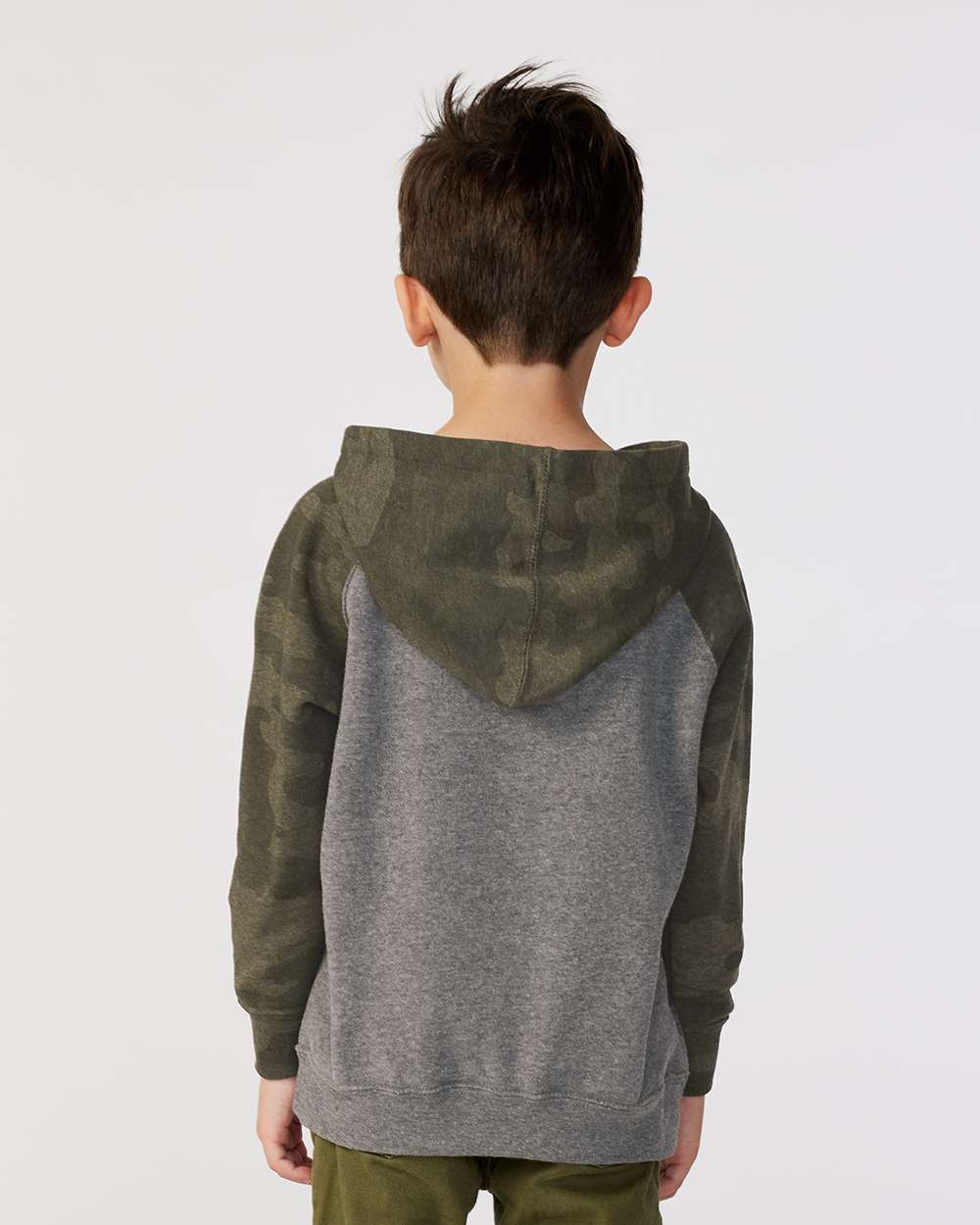 Toddler Special Blend Hooded Raglan Sweatshirt - OnModelBack - B80176983 - Nickel Heather/ Forest Camo