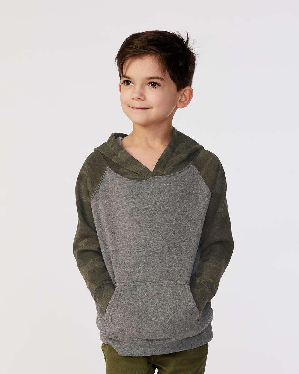 Toddler Special Blend Hooded Raglan Sweatshirt - OnModelFront - B80176983 - Nickel Heather/ Forest Camo