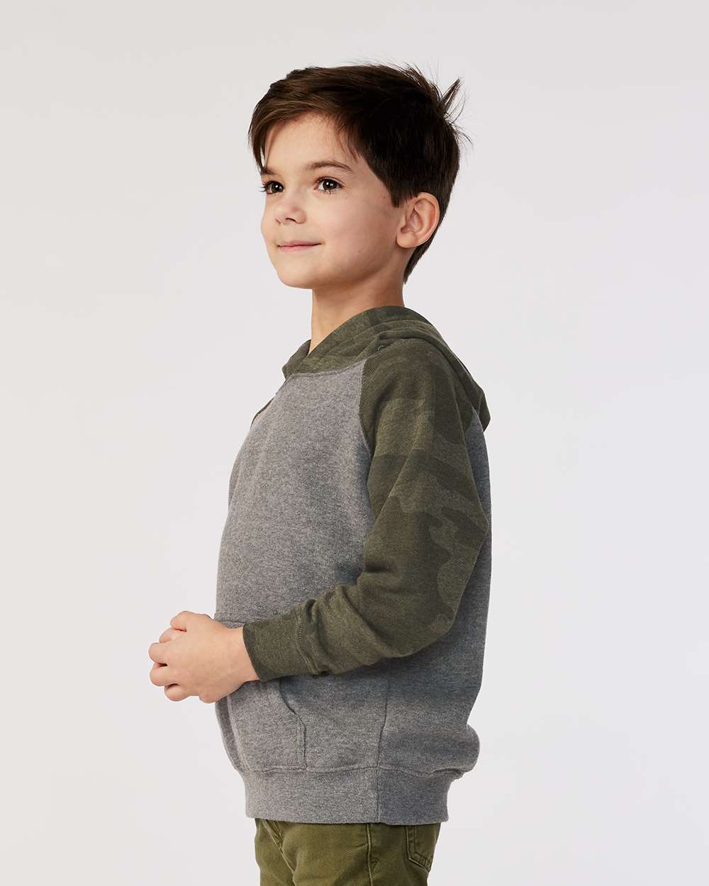 Toddler Special Blend Hooded Raglan Sweatshirt - OnModelSide - B80176983 - Nickel Heather/ Forest Camo