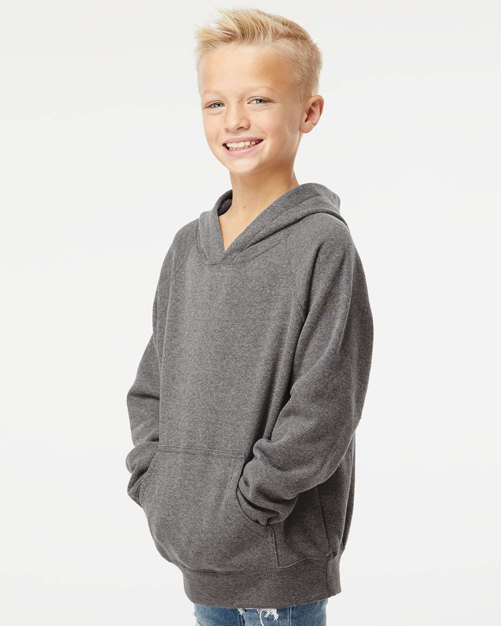 Youth Lightweight Special Blend Raglan Hooded Sweatshirt - OnModelSide - B80076352 - Nickel