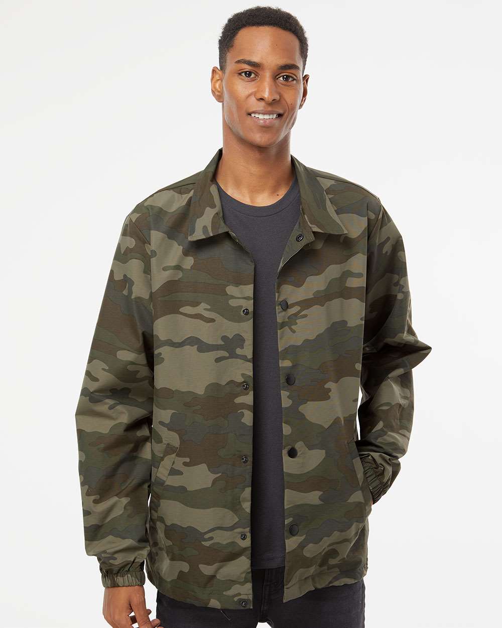 Men's Water-Resistant Windbreaker Coach’s Jacket - OnModelFront - B20876622 - Forest Camo