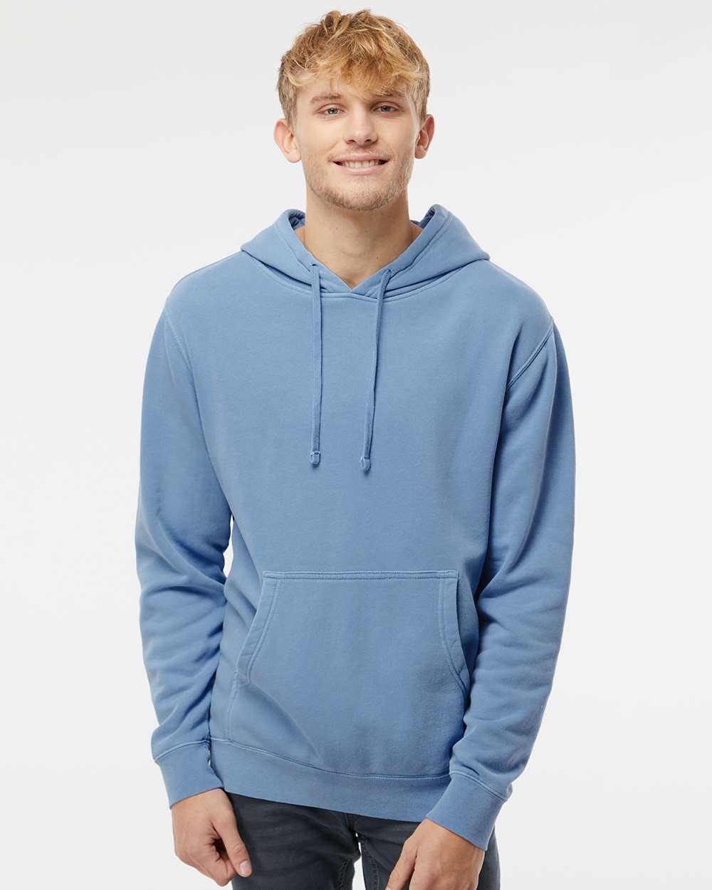 Unisex Midweight Pigment-Dyed Hooded Sweatshirt - OnModelFront - B22176252 - Pigment Light Blue