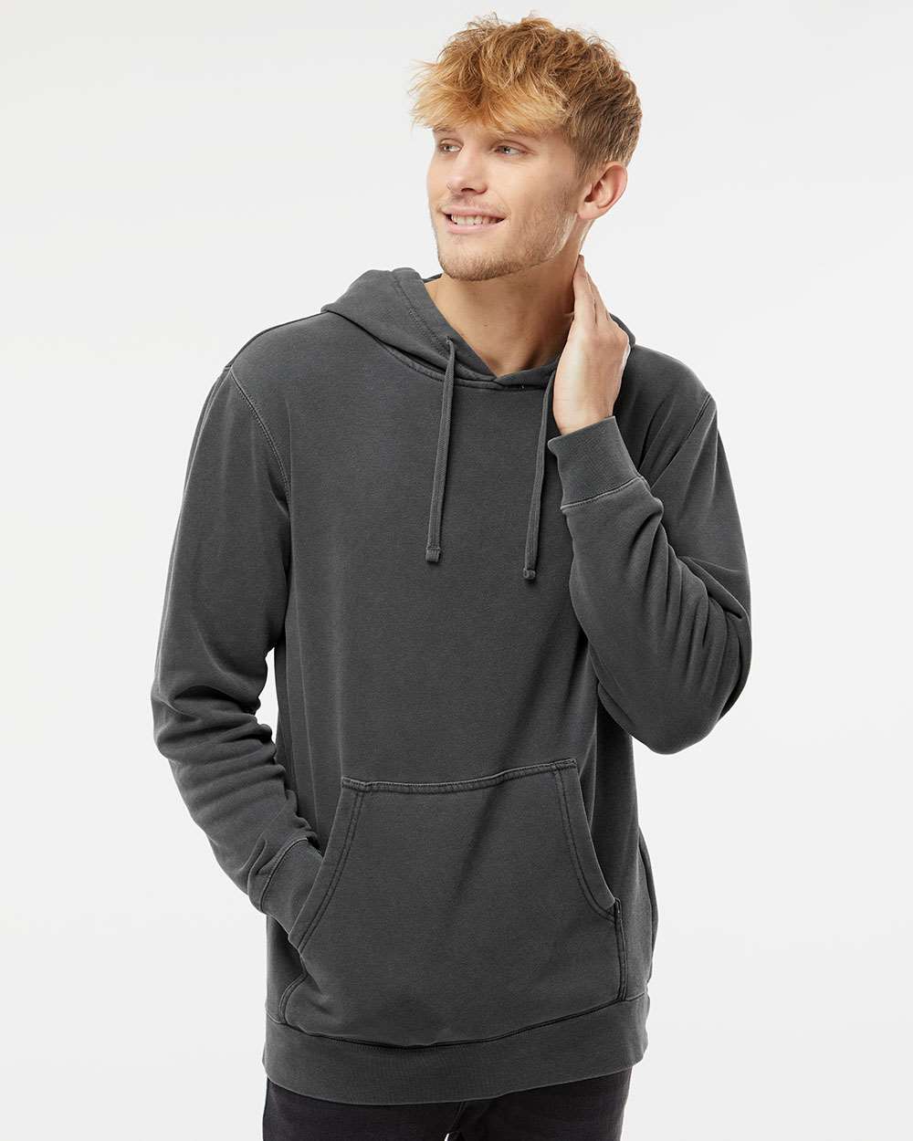 Unisex Midweight Pigment-Dyed Hooded Sweatshirt - OnModelFront - B22176502 - Pigment Black