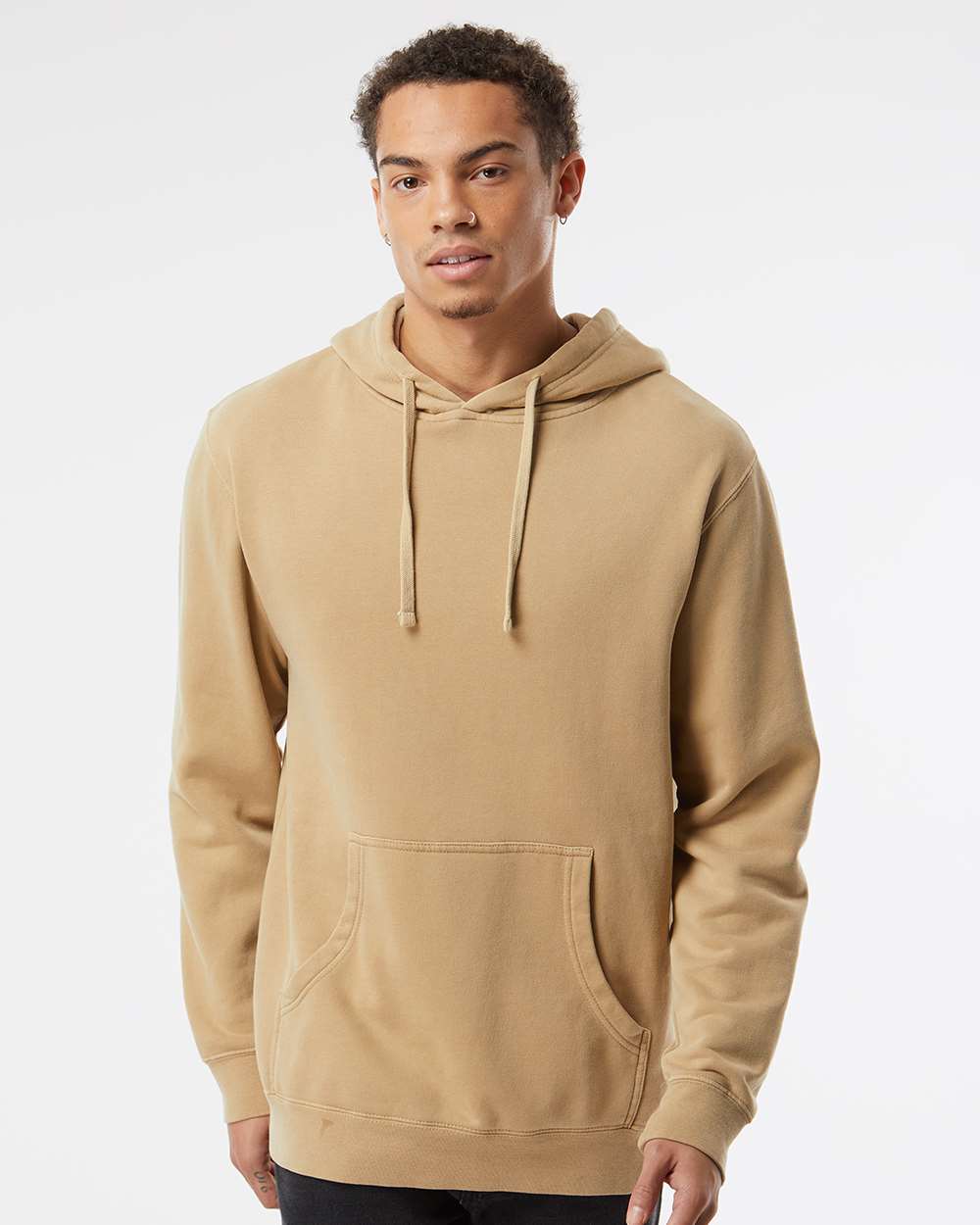 Unisex Midweight Pigment-Dyed Hooded Sweatshirt - OnModelFront - B22176732 - Pigment Sandstone