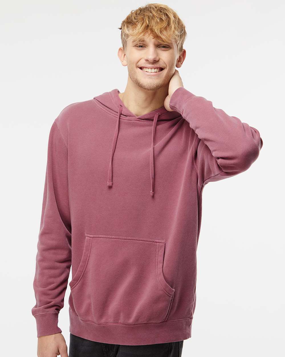 Unisex Midweight Pigment-Dyed Hooded Sweatshirt - OnModelFront - B22176852 - Pigment Maroon