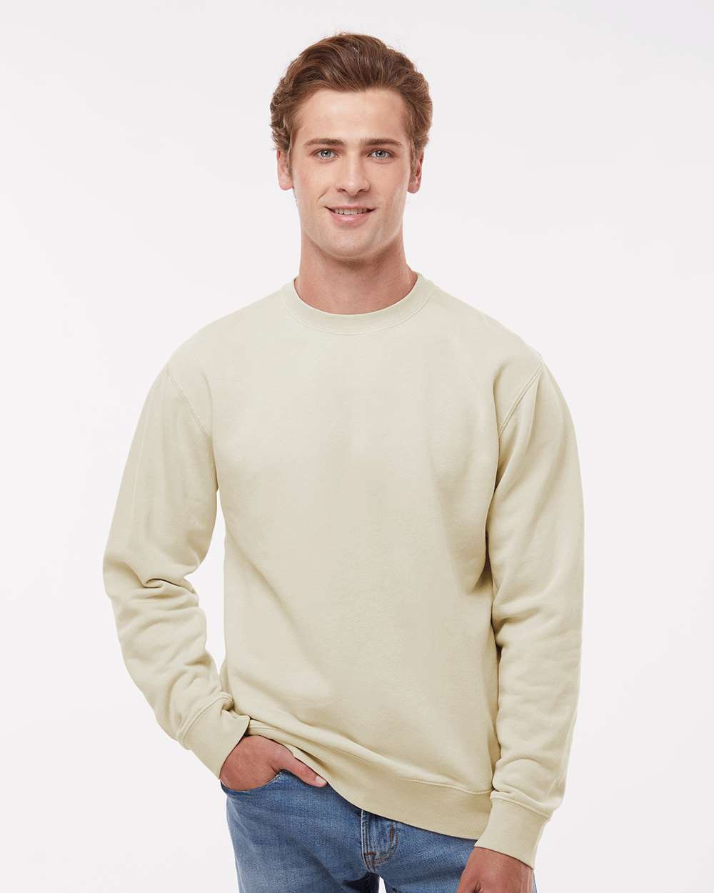 Unisex Midweight Pigment-Dyed Crewneck Sweatshirt - OnModelFront - B22376082 - Pigment Ivory