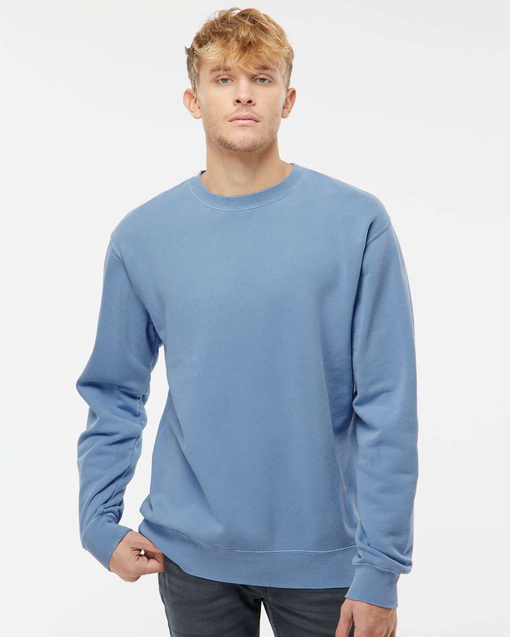 Unisex Midweight Pigment-Dyed Crewneck Sweatshirt - OnModelFront - B22376252 - Pigment Light Blue