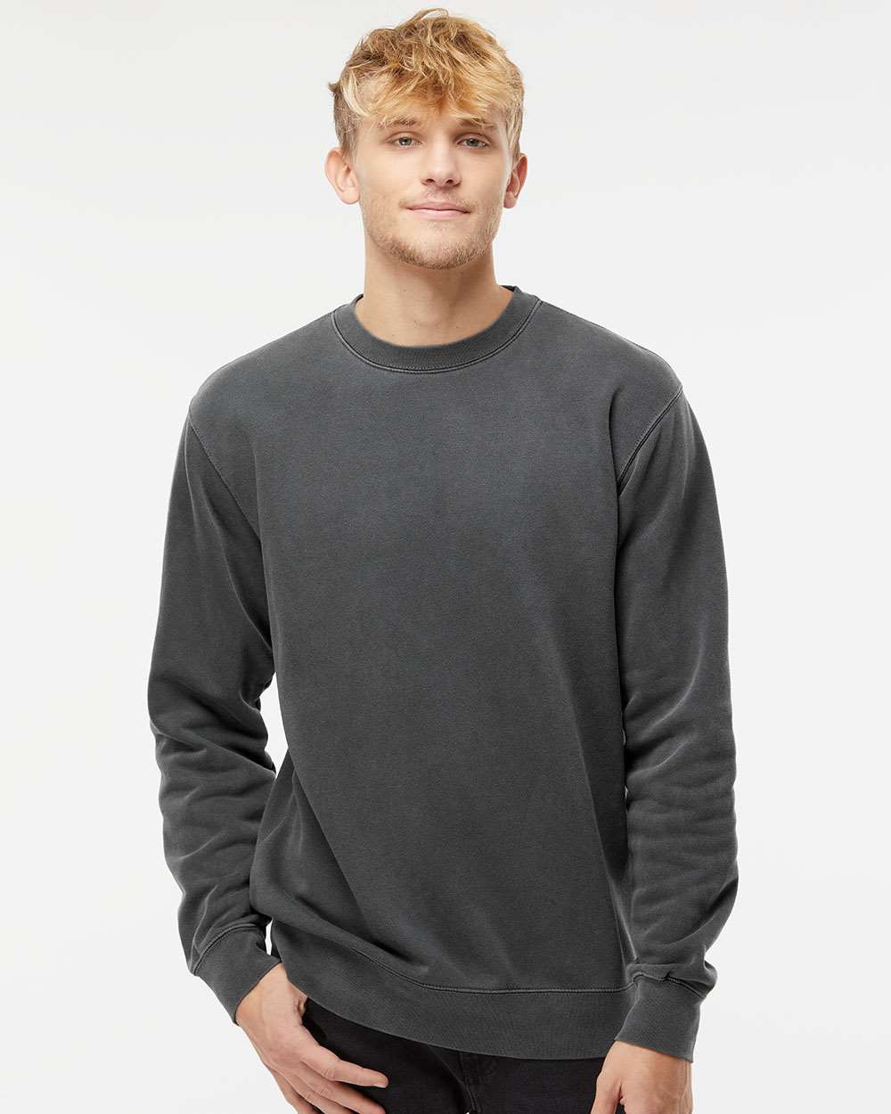 Unisex Midweight Pigment-Dyed Crewneck Sweatshirt - OnModelFront - B22376502 - Pigment Black