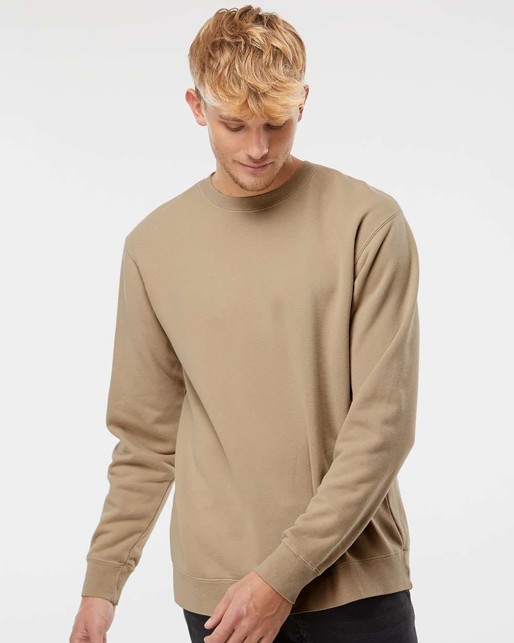 Unisex Midweight Pigment-Dyed Crewneck Sweatshirt - OnModelFront - B22376732 - Pigment Sandstone