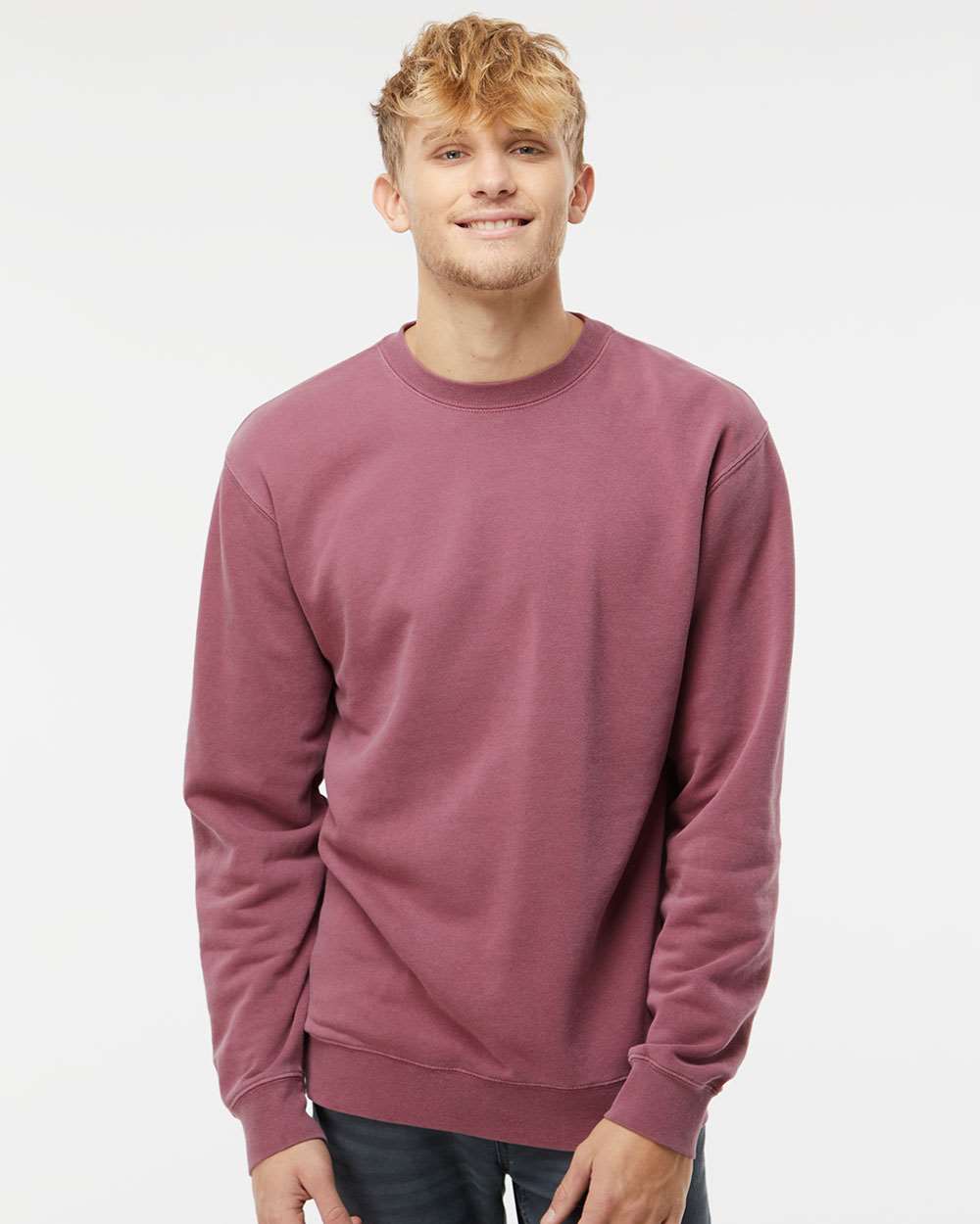 Unisex Midweight Pigment-Dyed Crewneck Sweatshirt - OnModelFront - B22376852 - Pigment Maroon