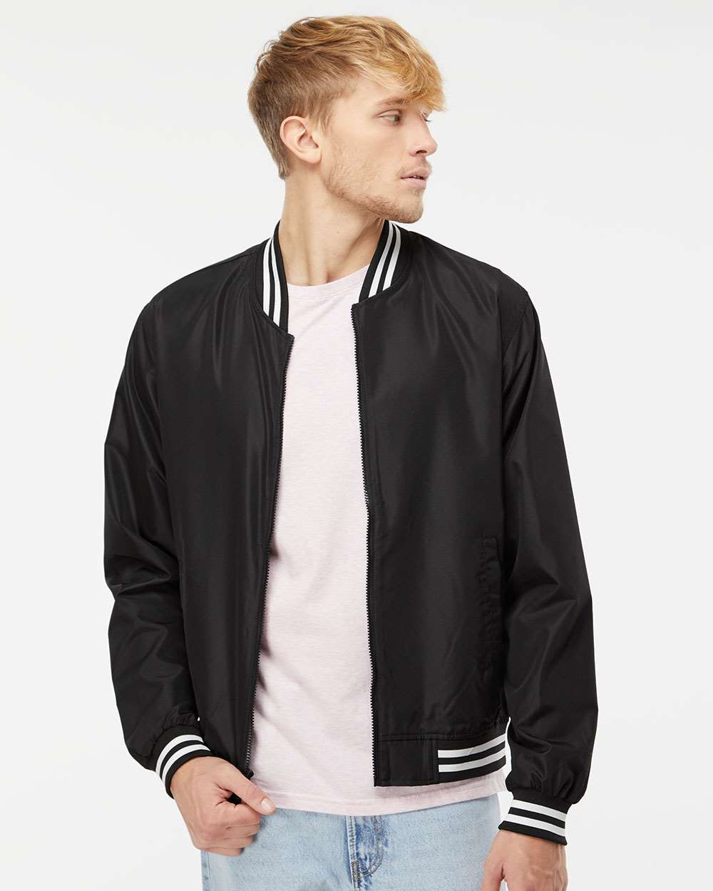 Unisex Lightweight Bomber Jacket - OnModelFront - B35076512 - Black/ White Stripe
