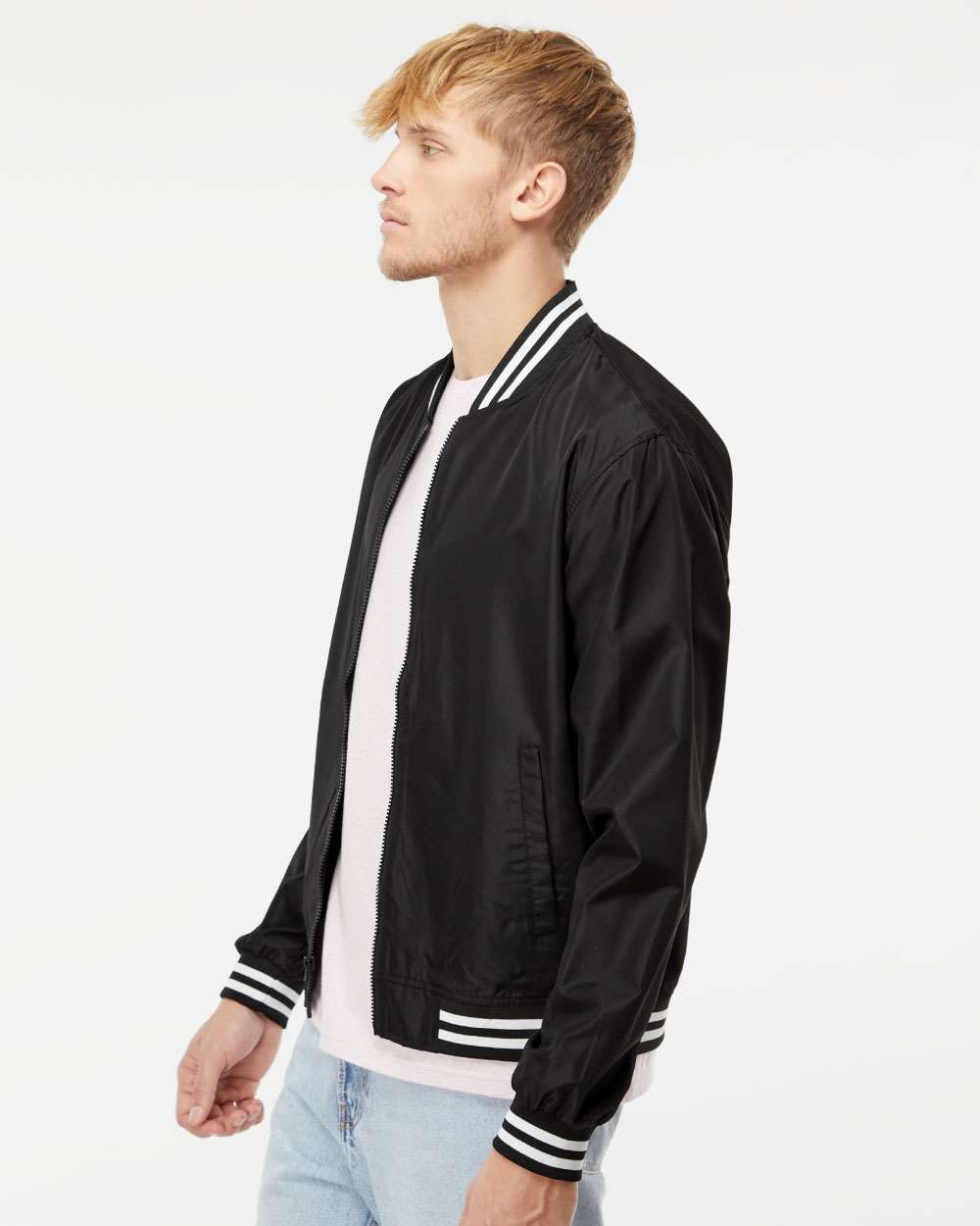 Unisex Lightweight Bomber Jacket - OnModelSide - B35076512 - Black/ White Stripe