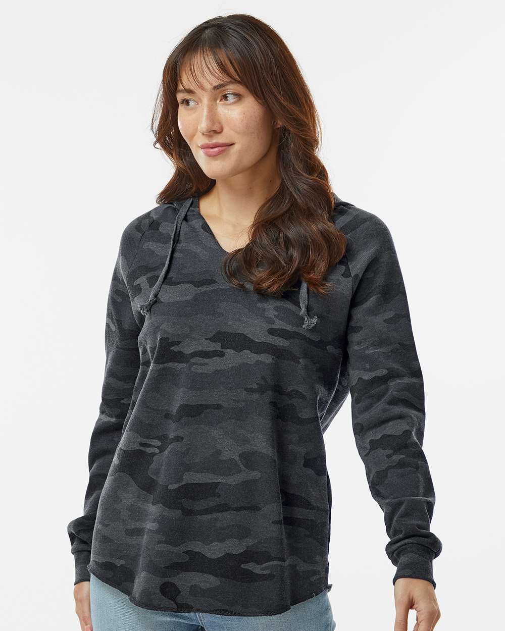 Women’s Lightweight California Wave Wash Hooded Sweatshirt - OnModelFront - B26776972 - Black Camo Heather