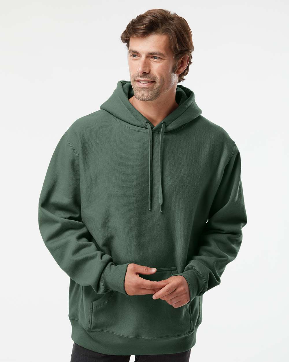 Unisex Legend Premium Heavyweight Cross-Grain Hooded Sweatshirt - OnModelFront - B02876232 - Alpine Green