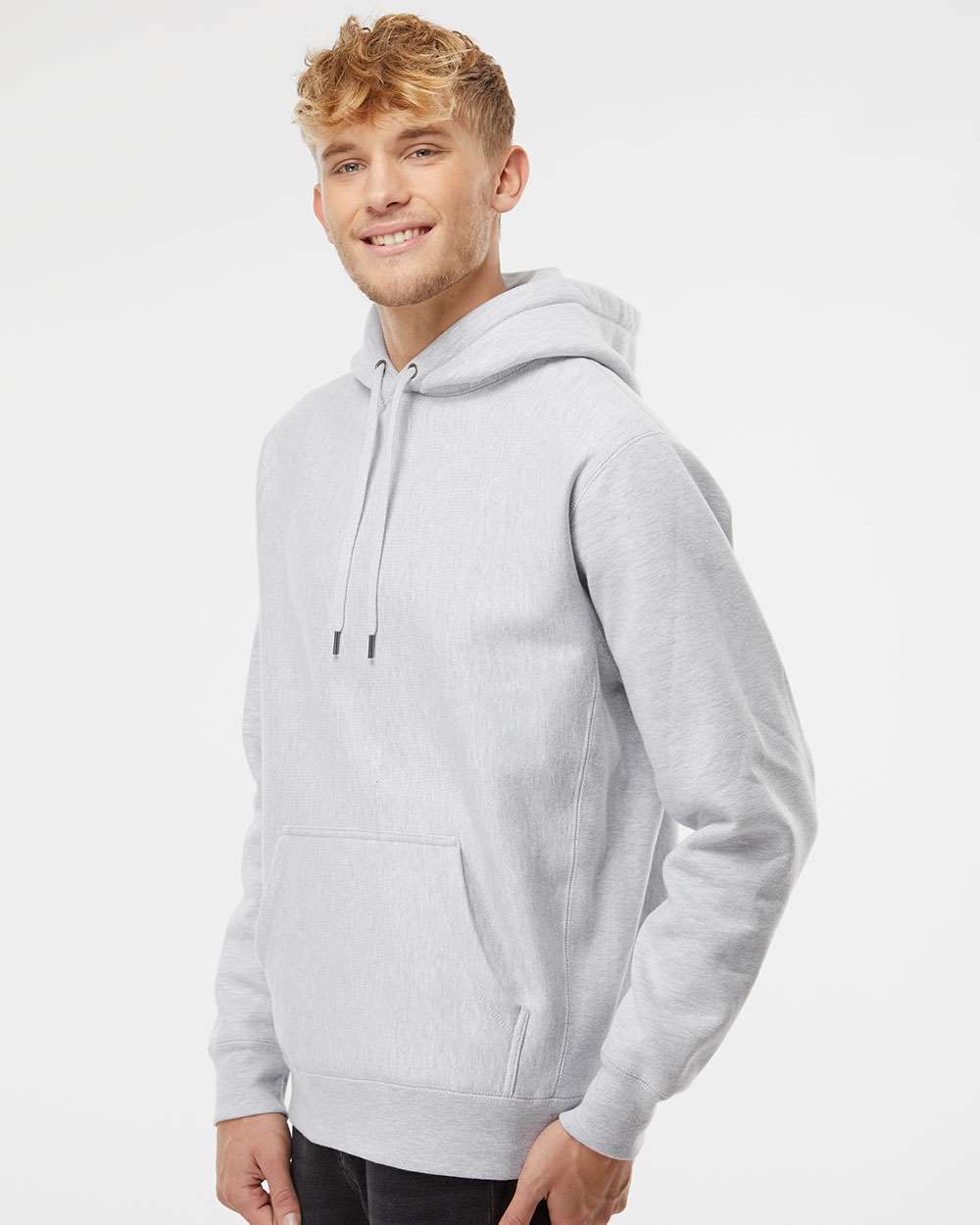 Unisex Legend Premium Heavyweight Cross-Grain Hooded Sweatshirt - OnModelSide - B02876352 - Grey Heather