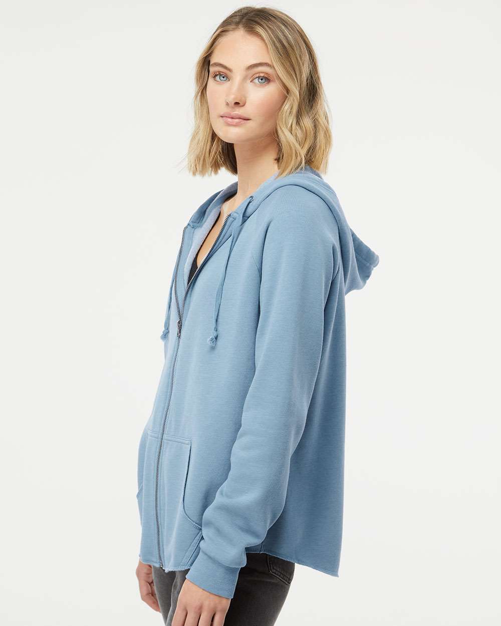 Women's California Wave Wash Full-Zip Hooded Sweatshirt - OnModelSide - B03076252 - Misty Blue