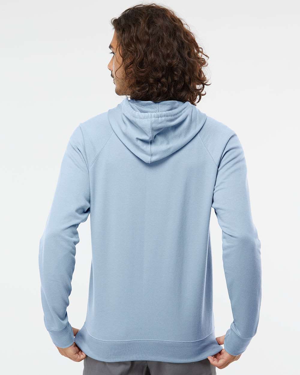 Unisex Icon Lightweight Loopback Terry Hooded Sweatshirt - OnModelBack - B11376252 - Misty Blue