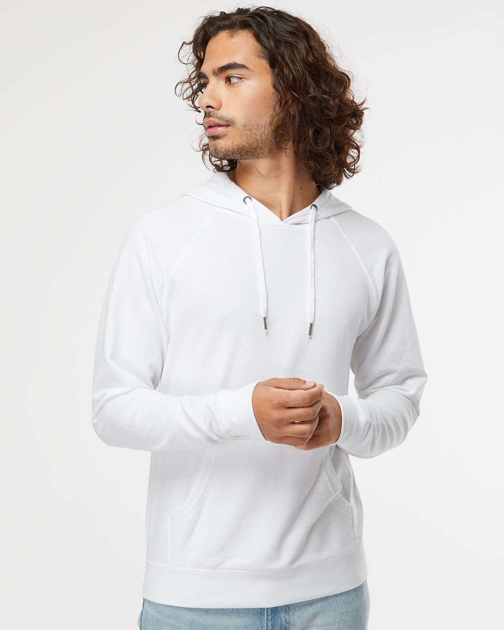 Unisex Icon Lightweight Loopback Terry Hooded Sweatshirt - OnModelFront - B11376002 - White