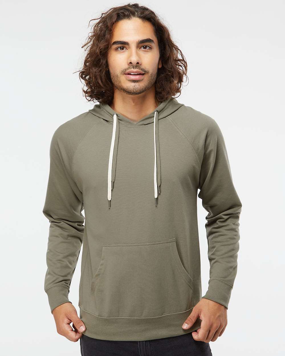 Unisex Icon Lightweight Loopback Terry Hooded Sweatshirt - OnModelFront - B11376642 - Olive