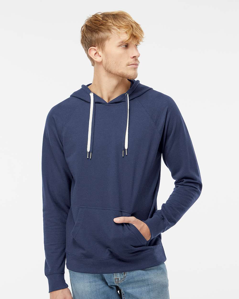 Unisex Icon Lightweight Loopback Terry Hooded Sweatshirt - OnModelFront - B11376652 - Indigo