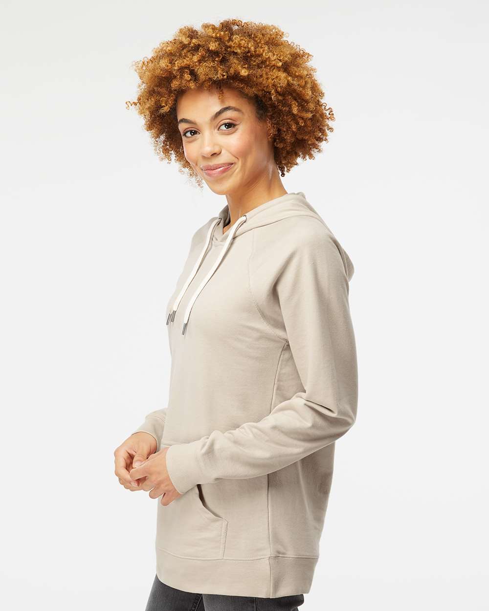 Unisex Icon Lightweight Loopback Terry Hooded Sweatshirt - OnModelSide - B11376112 - Sand