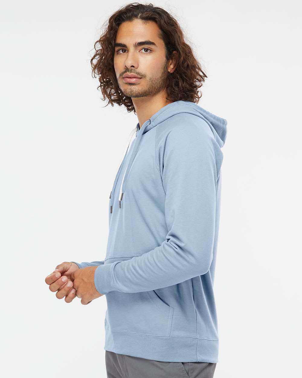 Unisex Icon Lightweight Loopback Terry Hooded Sweatshirt - OnModelSide - B11376252 - Misty Blue