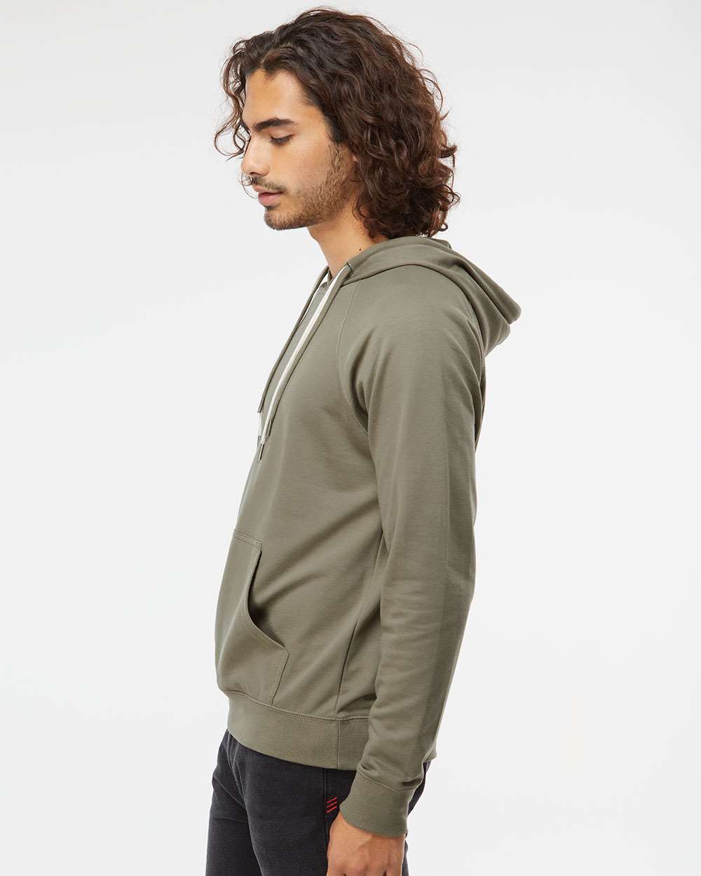 Unisex Icon Lightweight Loopback Terry Hooded Sweatshirt - OnModelSide - B11376642 - Olive