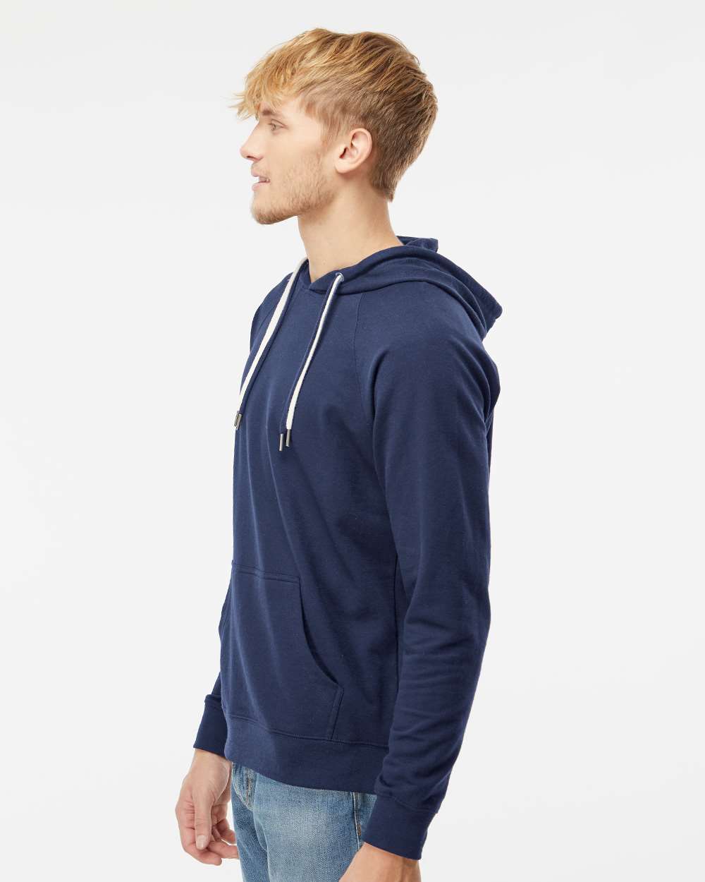 Unisex Icon Lightweight Loopback Terry Hooded Sweatshirt - OnModelSide - B11376652 - Indigo