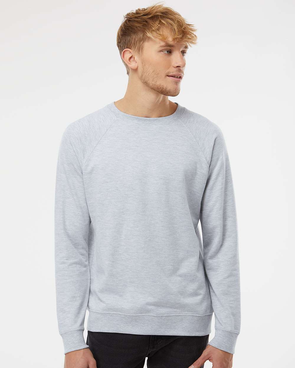 Unisex Icon Lightweight Loopback Terry Crewneck Sweatshirt - OnModelFront - B11576022 - Athletic Heather