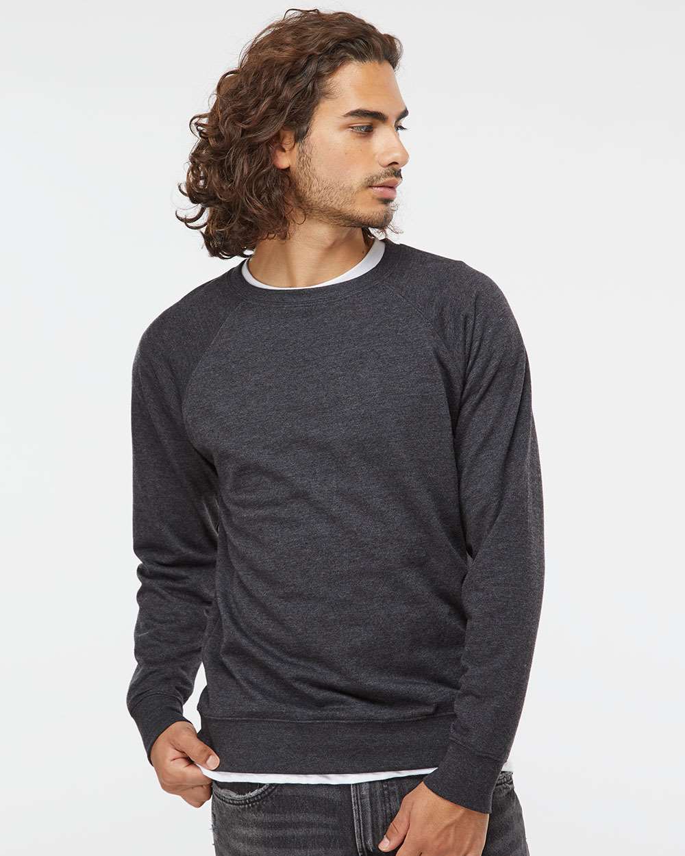 Unisex Icon Lightweight Loopback Terry Crewneck Sweatshirt - OnModelFront - B11576092 - Charcoal Heather