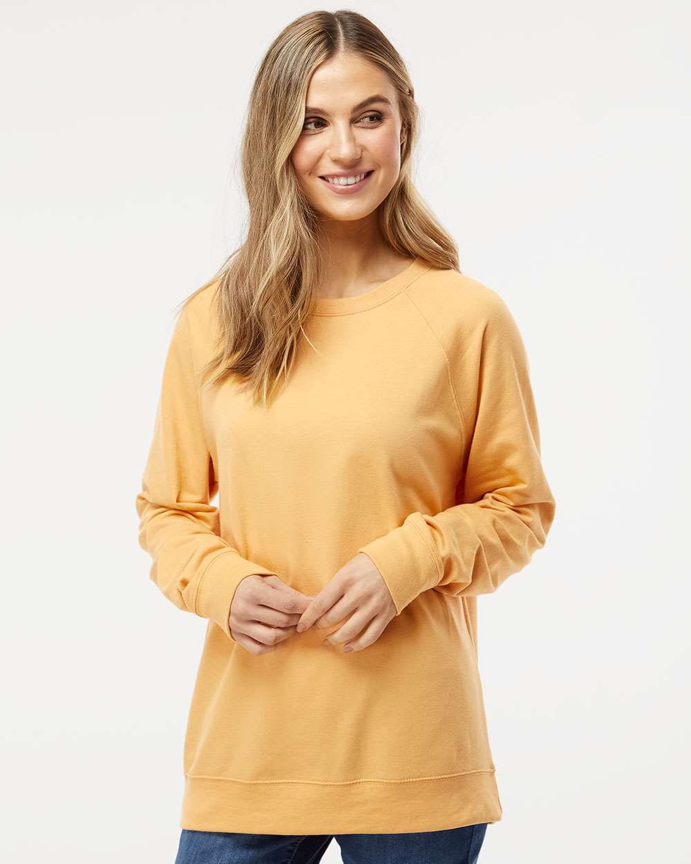 Unisex Icon Lightweight Loopback Terry Crewneck Sweatshirt - OnModelFront - B11576122 - Harvest Gold